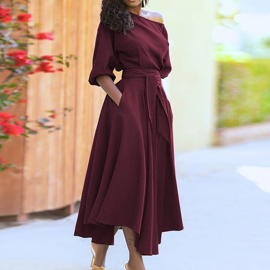 2023 Women's Solid Color Dress with Waist Tie