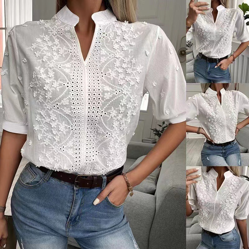 2023 Summer Fashion Embroidered Short Sleeve Top
