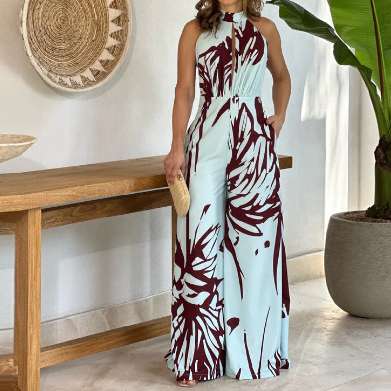 2023 Summer Women's Fashion High Neck Print Jumpsuit