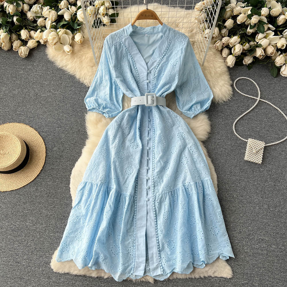 V-Neck Hollow Out Dress with Puff Sleeves and Embroidery