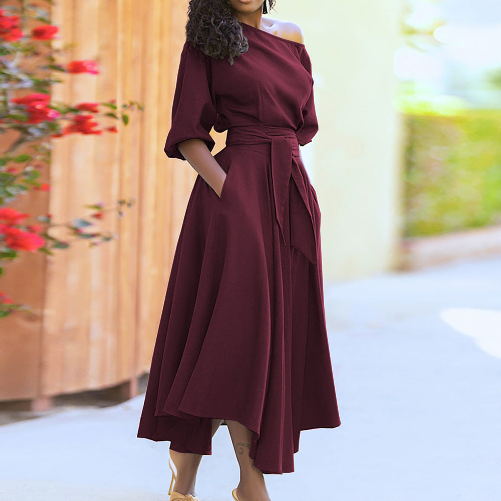2023 Women's Solid Color Dress with Waist Tie