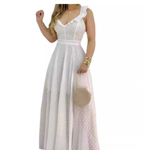 2021 New Long Tie V-Neck A-Line Solid Dress