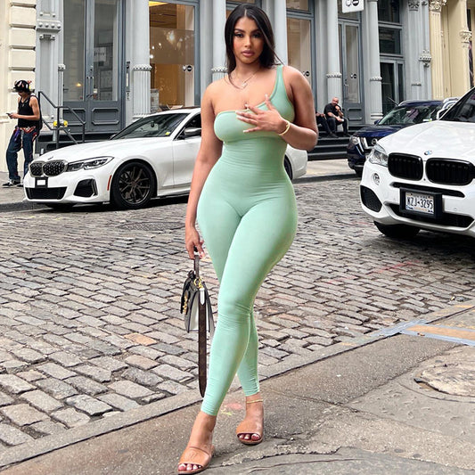 2024 Spring Women's Solid Color One-Shoulder Jumpsuit