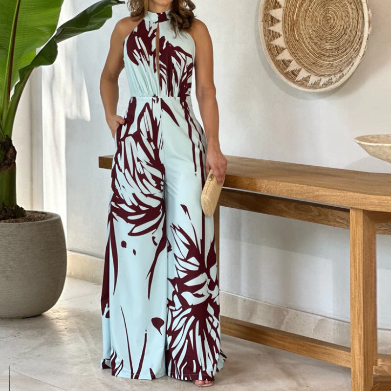 2023 Summer Women's Fashion High Neck Print Jumpsuit