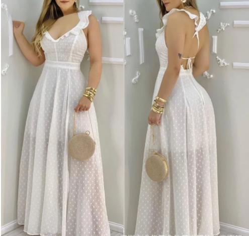2021 New Long Tie V-Neck A-Line Solid Dress