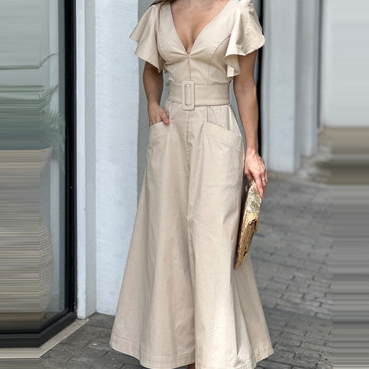 2023 New V-Neck Solid Color Ruffle Sleeve Dress