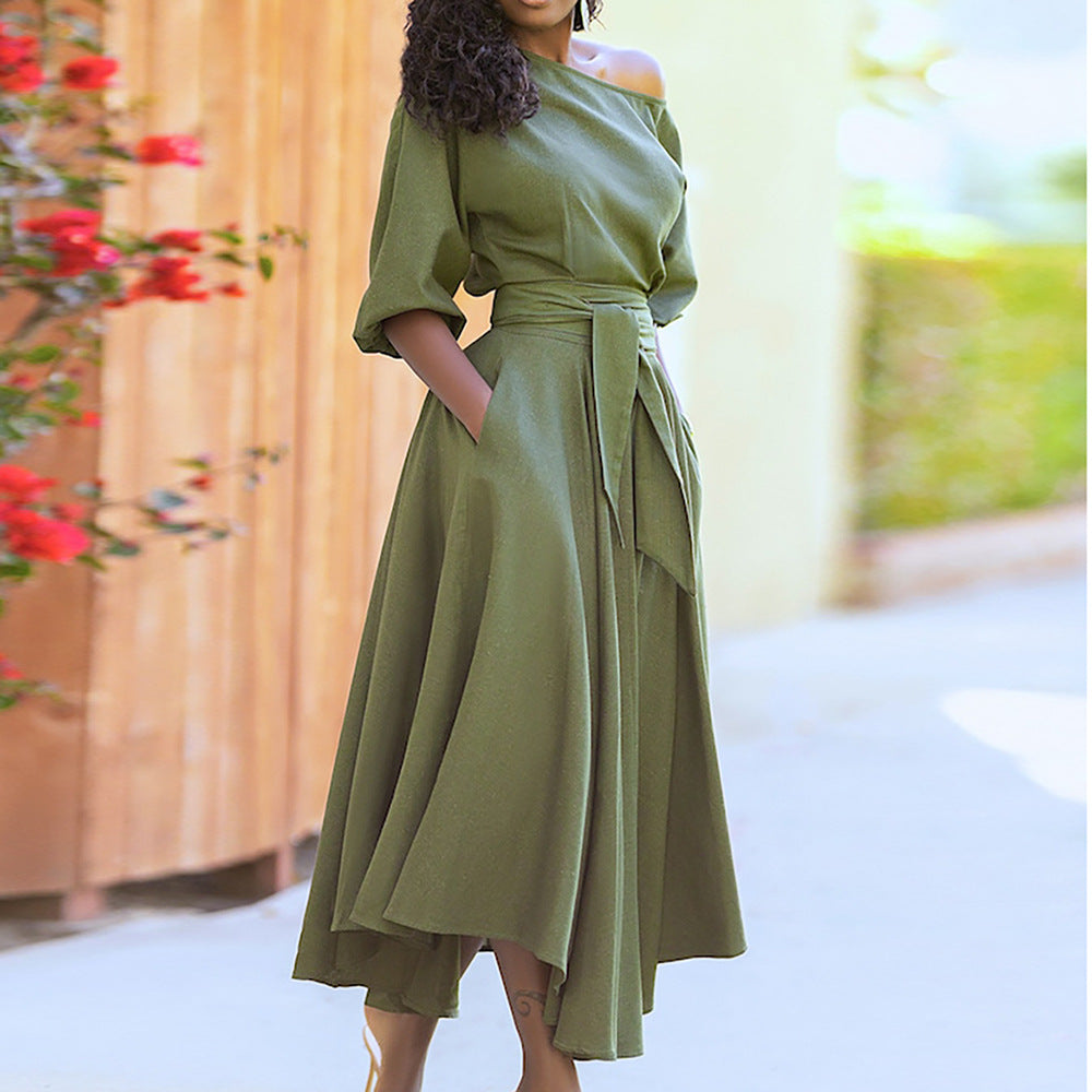 2023 Women's Solid Color Dress with Waist Tie