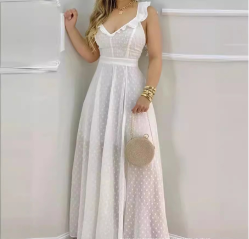 2021 New Long Tie V-Neck A-Line Solid Dress