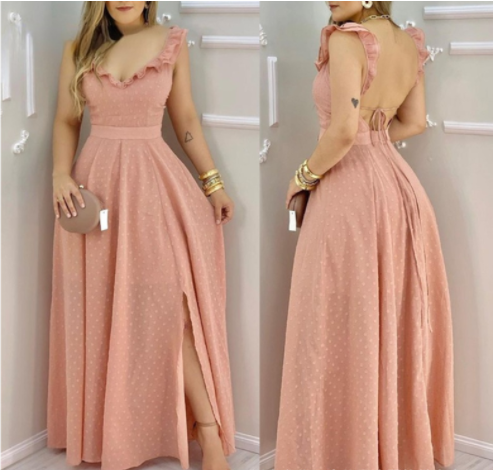 2021 New Long Tie V-Neck A-Line Solid Dress
