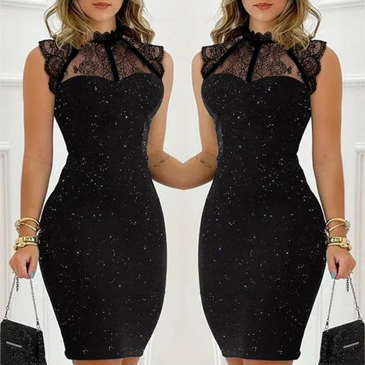 Fashionable Black Sequin Lace Sleeveless Dress Set