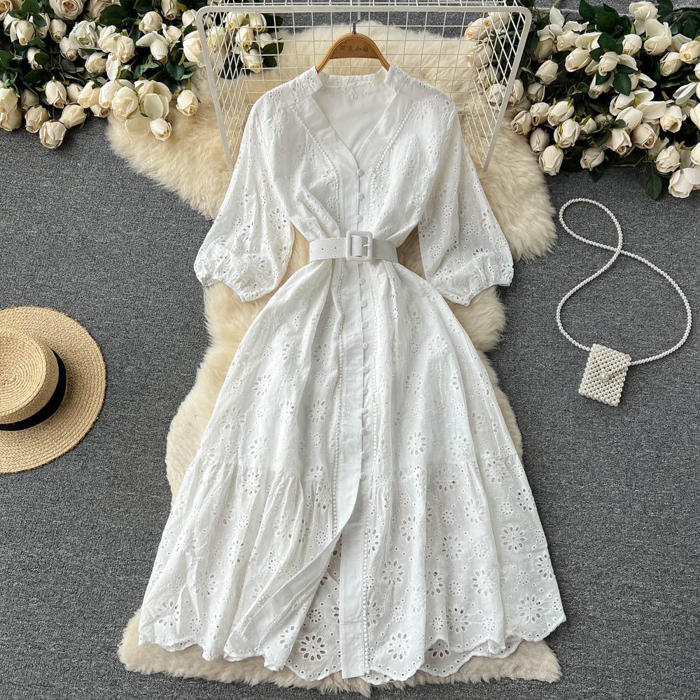 V-Neck Hollow Out Dress with Puff Sleeves and Embroidery