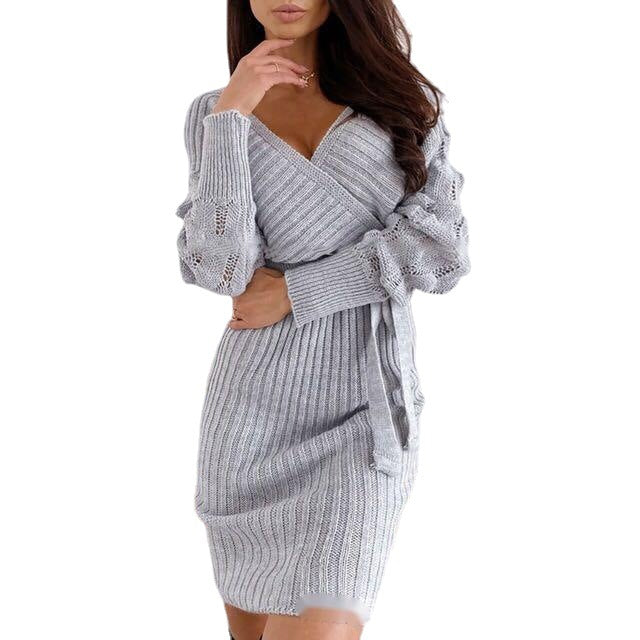 Women's V-Neck Batwing Sleeve Wool Sweater Dress