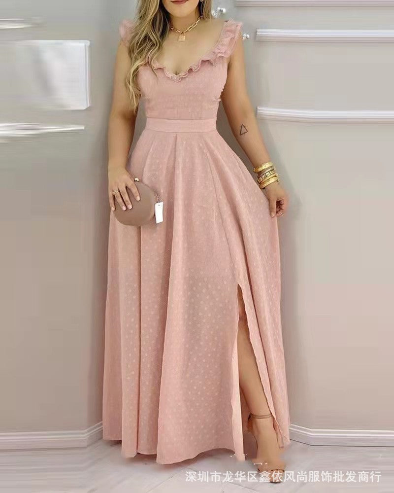 2021 New Long Tie V-Neck A-Line Solid Dress