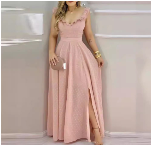 2021 New Long Tie V-Neck A-Line Solid Dress