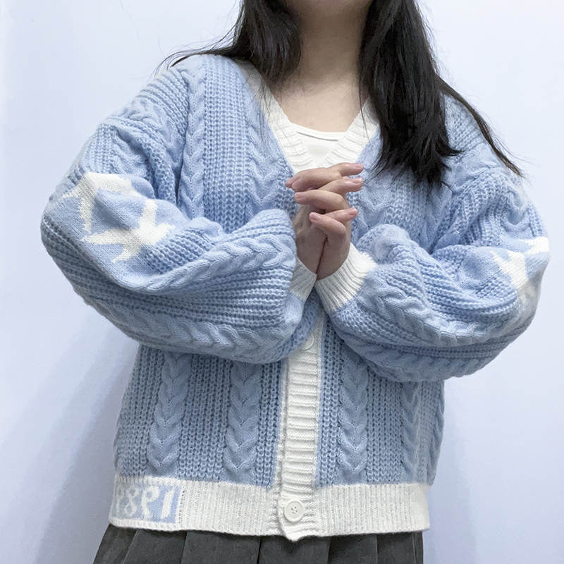 2023 Autumn Winter V-Neck Color Block Knit Sweater