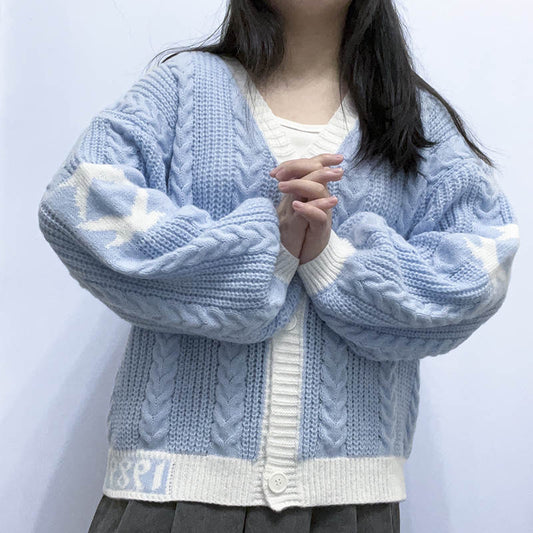 2023 Autumn Winter V-Neck Color Block Knit Sweater
