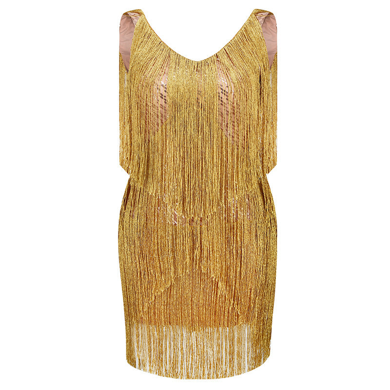 High-End Women's V-Neck Tassel Bodycon Dress